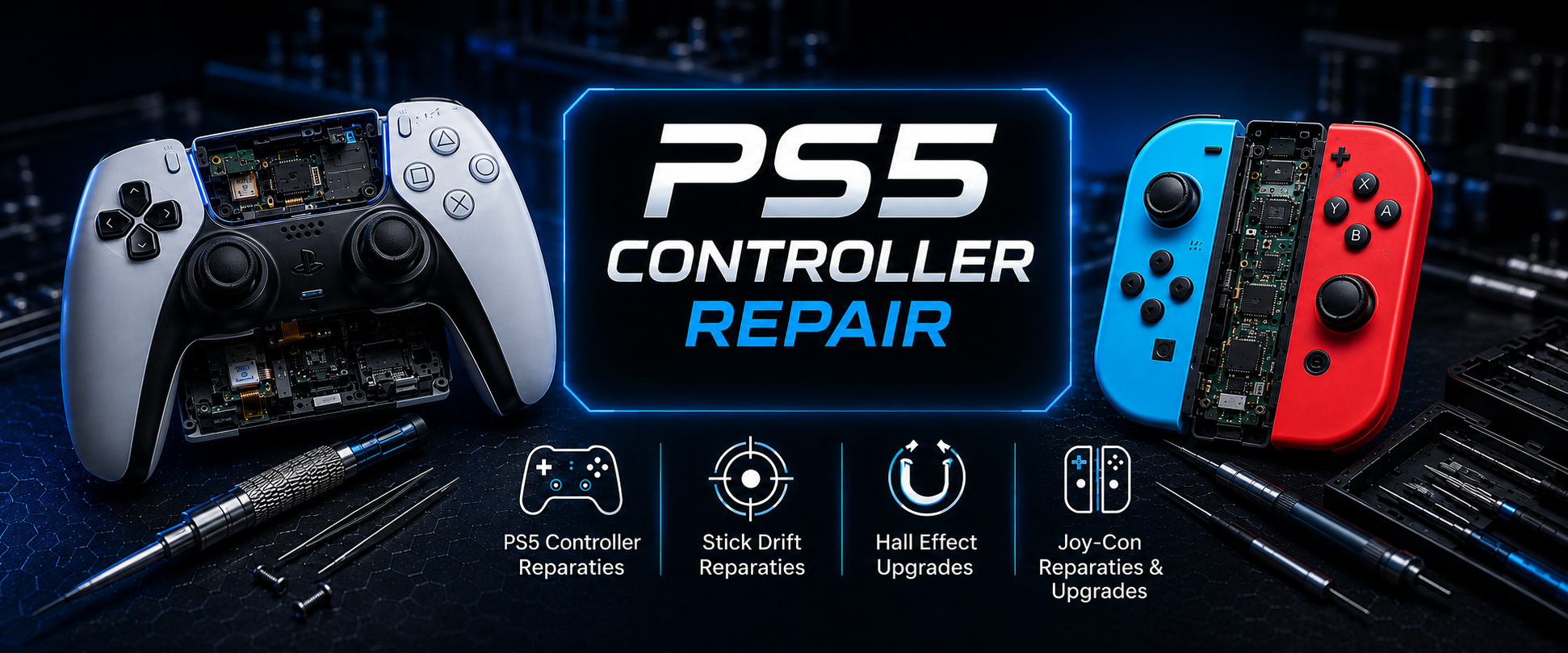 PS5 Controller Repair: PS5-controllers en Nintendo Joy-Cons, stick drift reparaties en Hall effect upgrades